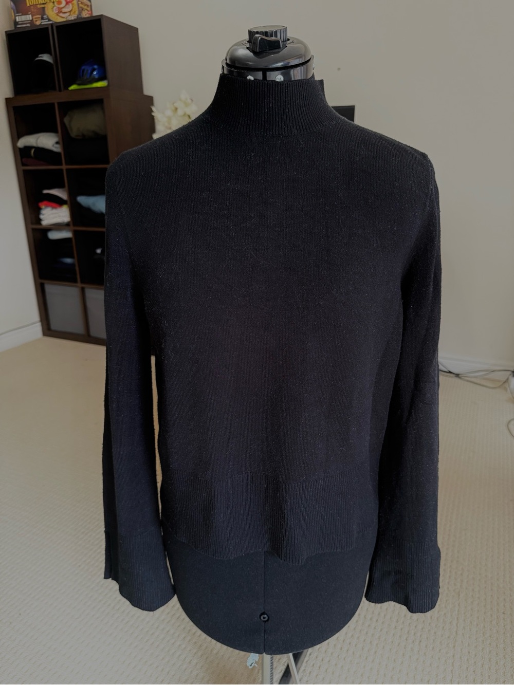 French Connection Black Mock Neck Knit Sweater Slit Cuff Sleeves Size M